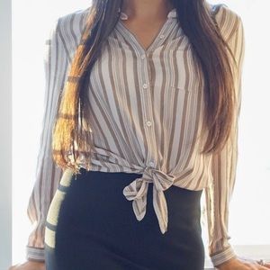 Long Sleeve Front Tie striped Button Fall Blouse